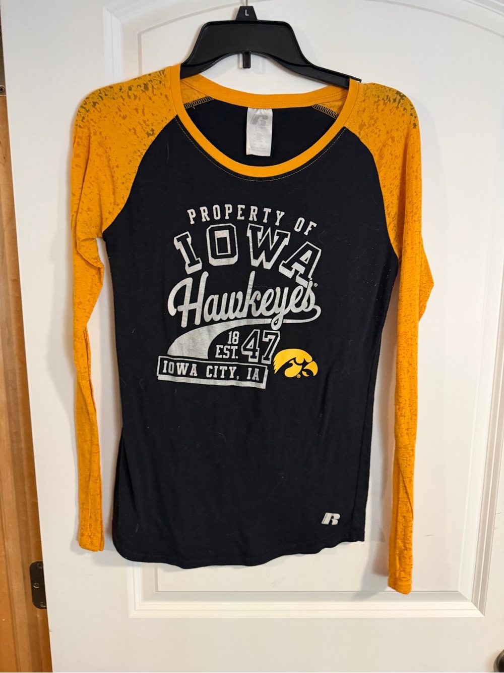 Russell Athletic Black and Gold Iowa Hawkeyes Long-Sleeve Raglan Tee